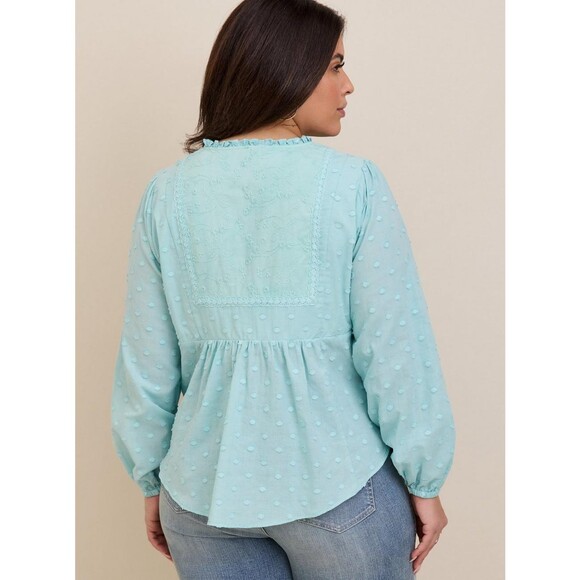 NWT Torrid 3X Canal Blue Clip Dot Mixed Cotton Eyelet Yoke Detail Shirt - Picture 3 of 8